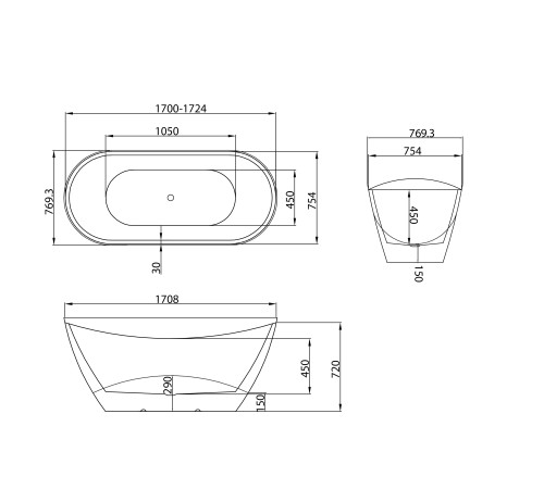 Ванна отдельностоящая Grossman Galaxy GR-2104M (170х75х72) цвет белый матовый