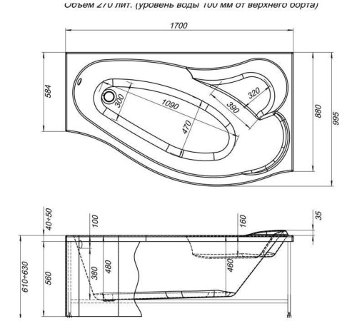 Акриловая ванна Aquanet Palma 170x90/60 R