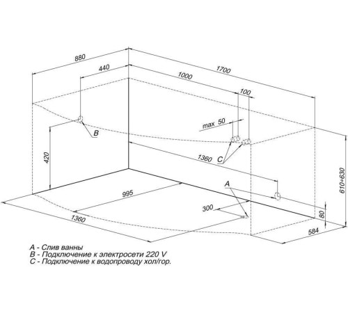 Акриловая ванна Aquanet Palma 170x90/60 L