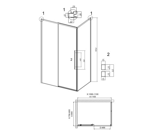 Душевое ограждение Grossman Galaxy 100.K33.01.110.10.00-200.K33.01.80.10.00 (110х80х195) раздвижная,хром,стекло прозрачное