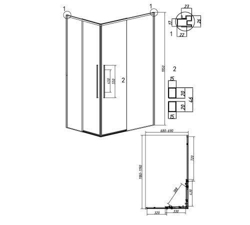 Душевое ограждение Grossman Galaxy 1/2.K33.01.12.21.10-1/2.K33.01.70.21.10 (120х70х195) раздвижная,черный матовый,стекло тонированное