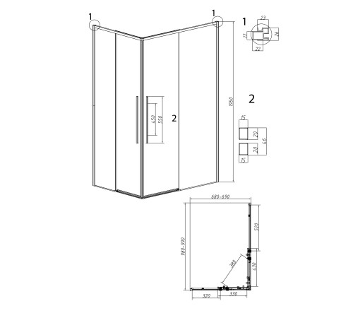 Душевое ограждение Grossman Galaxy 1/2.K33.01.10.32.00-1/2.K33.01.70.32.00 (100х70х195) раздвижная,золото сатин,стекло прозрачное