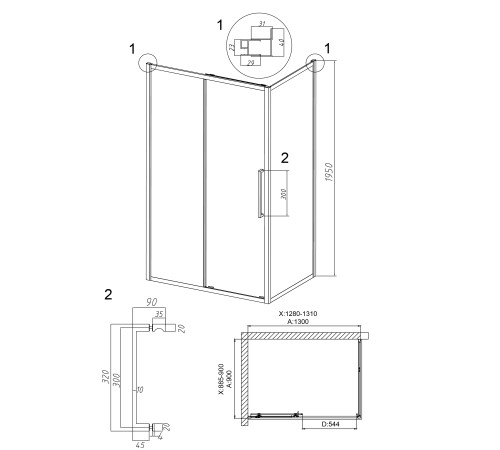 Душевое ограждение Grossman Cosmo 100.K33.02.130.21.10-200.K33.02.90.21.10 (130х90х195) раздвижная,черный матовый,стекло тонированное