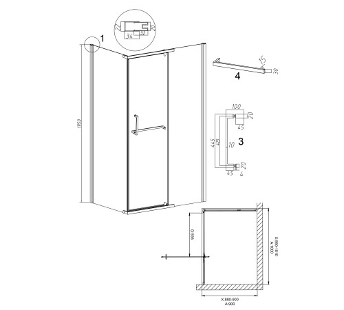 Душевое ограждение Grossman Pragma 100.K33.03.100.10.00- 200.K33.03.90.10.00 (100х90х195) распашная,хром,стекло прозрачное