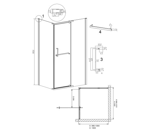 Душевое ограждение Grossman Pragma 100.K33.03.100.21.02-200.K33.03.100.21.02 (100х100х195) раздвижная(левая),черный матовый,стекло шиншилла