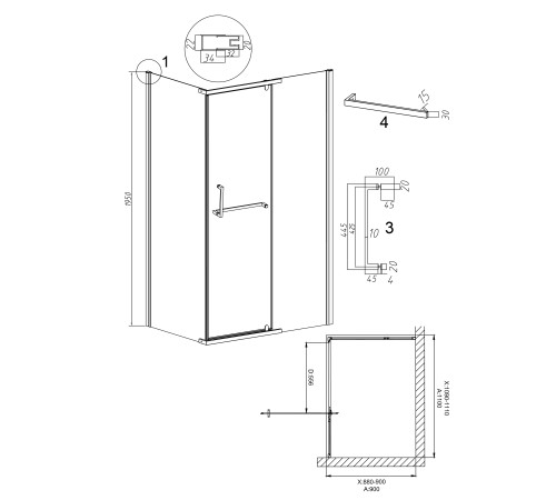 Душевое ограждение Grossman Pragma 100.K33.03.110.21.02- 200.K33.03.90.21.02 (110х90х195) распашная(левая),черный матовый,стекло шиншилла