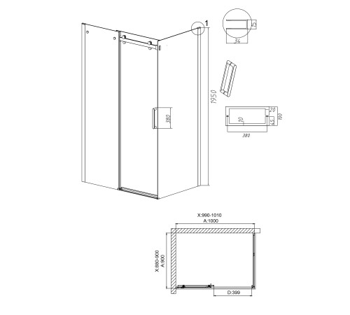 Душевое ограждение Grossman Classic 100.K33.04.100.21.10-200.K33.04.90.21.10 (100х90х195) раздвижная,черный матовый,стекло тонированное