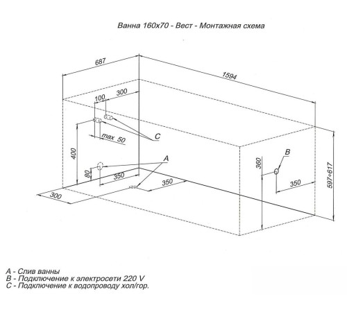 Акриловая ванна Aquanet West 160x70 (с каркасом)