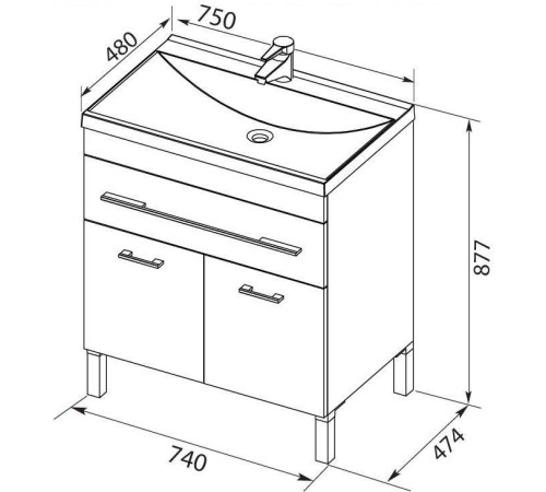 Тумба с раковиной Aquanet Верона 75 белый (напольная 1 ящик 2 дверцы)